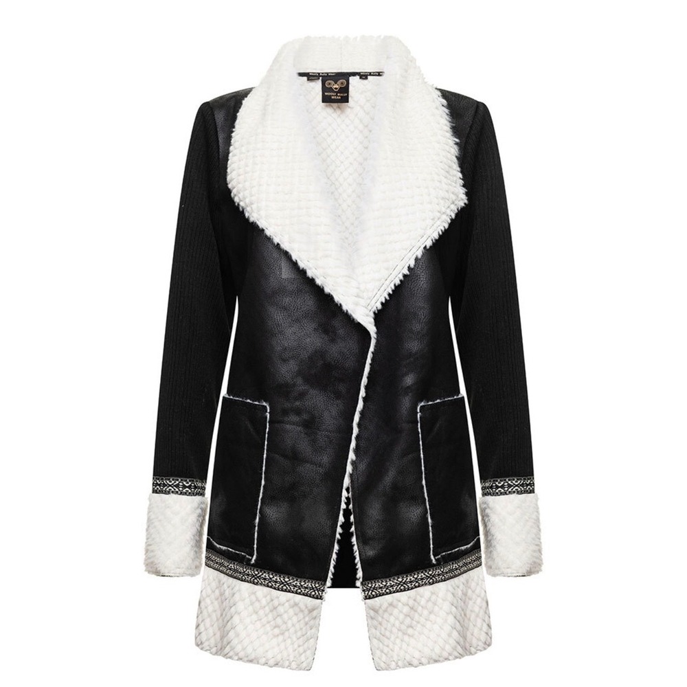 Wooly Bully Wear Black Faux Shearling Open Front‎ Coat Size Petite Medium